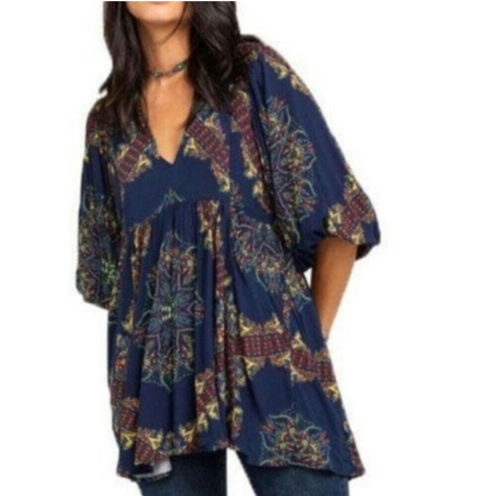 FREE PEOPLE Girl Talk Tunic Navy Print BoHo Paisley Oversize Tunic Top Size XS